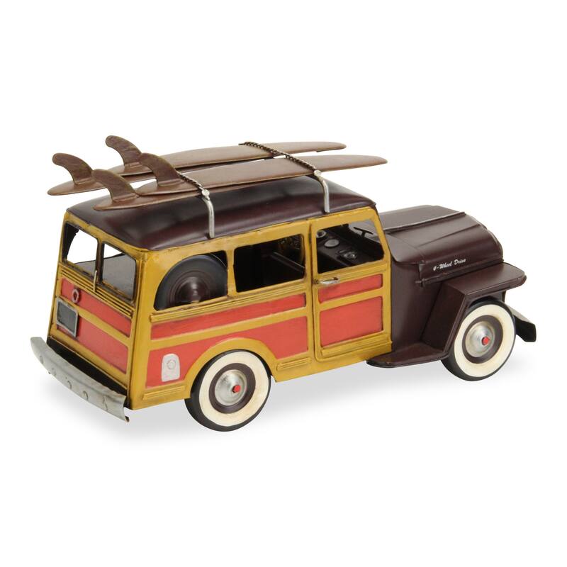 HomeRoots 8" Yellow and Brown Metal Hand Painted 1948 Brown Woody Model Car - 6.5' X '7.5' X '13