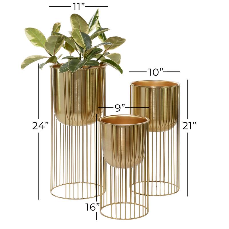 Gold Metal Deep Recessed Dome Indoor Outdoor Planter with Elevated Caged Stand (Set of 3)