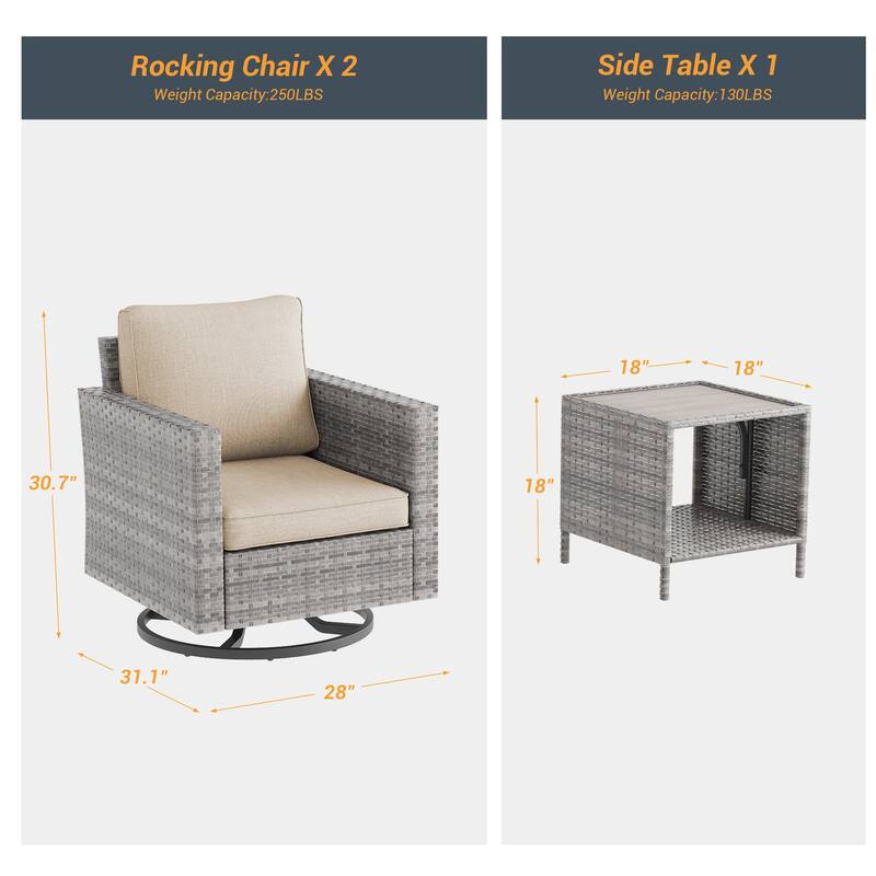 BONOSUKI 3Pcs Patio Swivel Rocking Sofa Set Grey Rattan w/Side Table