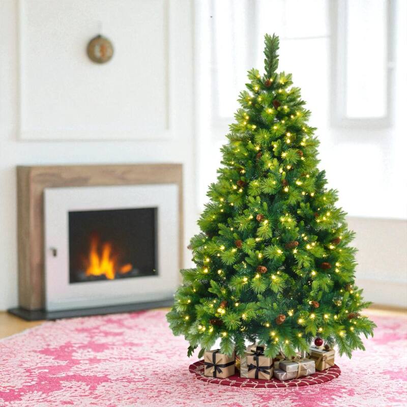 6ft Pre-Lit Green Christmas Tree Set with Garland and Wreath, 430 LED Lights and Pine Cones Holiday Décor
