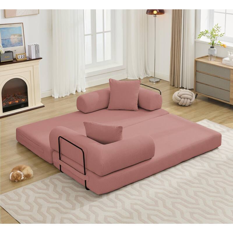 Folding Couch Convertible into King Size Floor Bed, 4-in-1 Corduroy Sleeper Sofa Bed with Moved Armrests and Non-Slip Pad