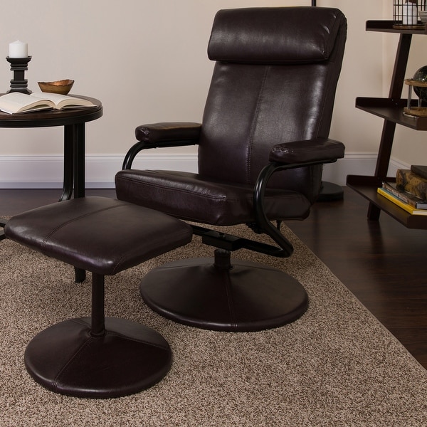 Contemporary Multi-Position Headrest Recliner and Ottoman with Wrapped Base. Opens flyout.
