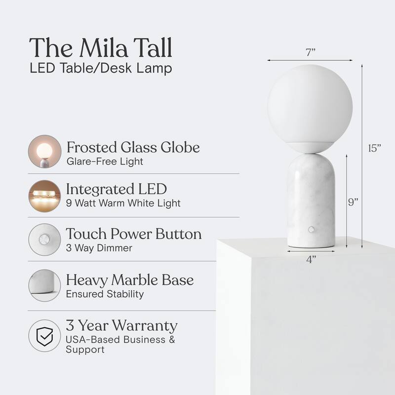 Brightech Mila Tall 15 in. White Mid-Century Modern Integrated LED Bedside Table Lamp with Built-In 3-Way Dimmer