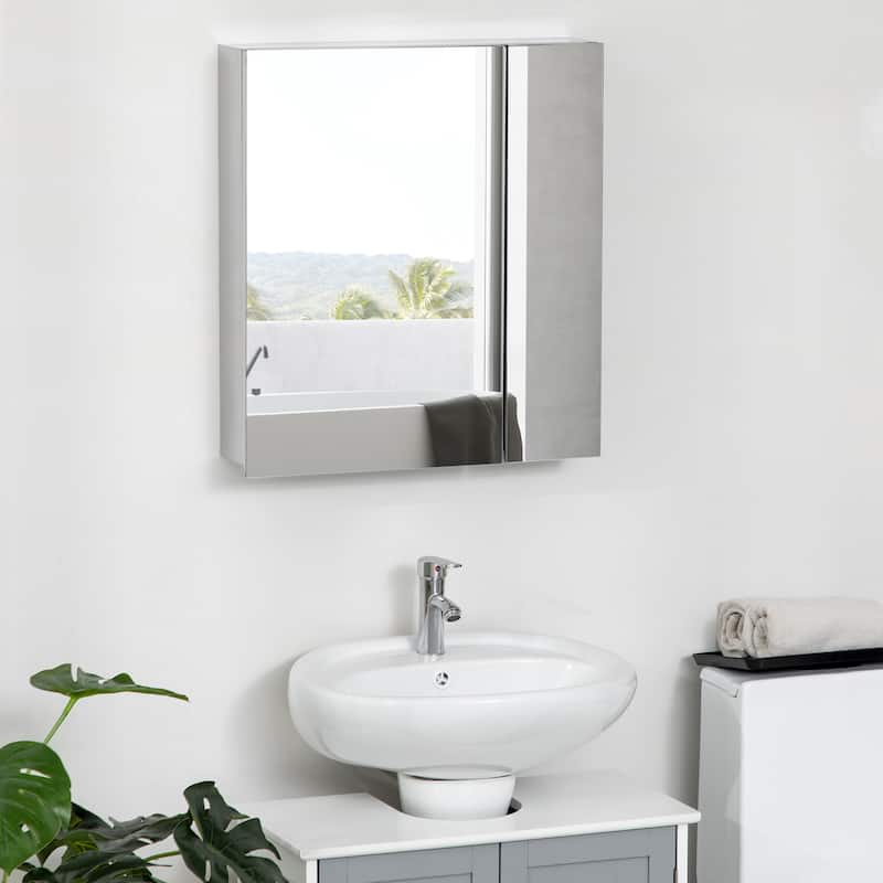 Wall-Mounted Bathroom Medicine Cabinet, Wall Mirror Cabinet with Hinged Doors, Storage Shelves, Silver