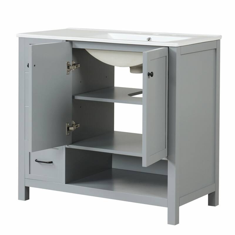 36" Bathroom Vanity - Sink Top, Two Doors, Two Drawers, and Open Shelf