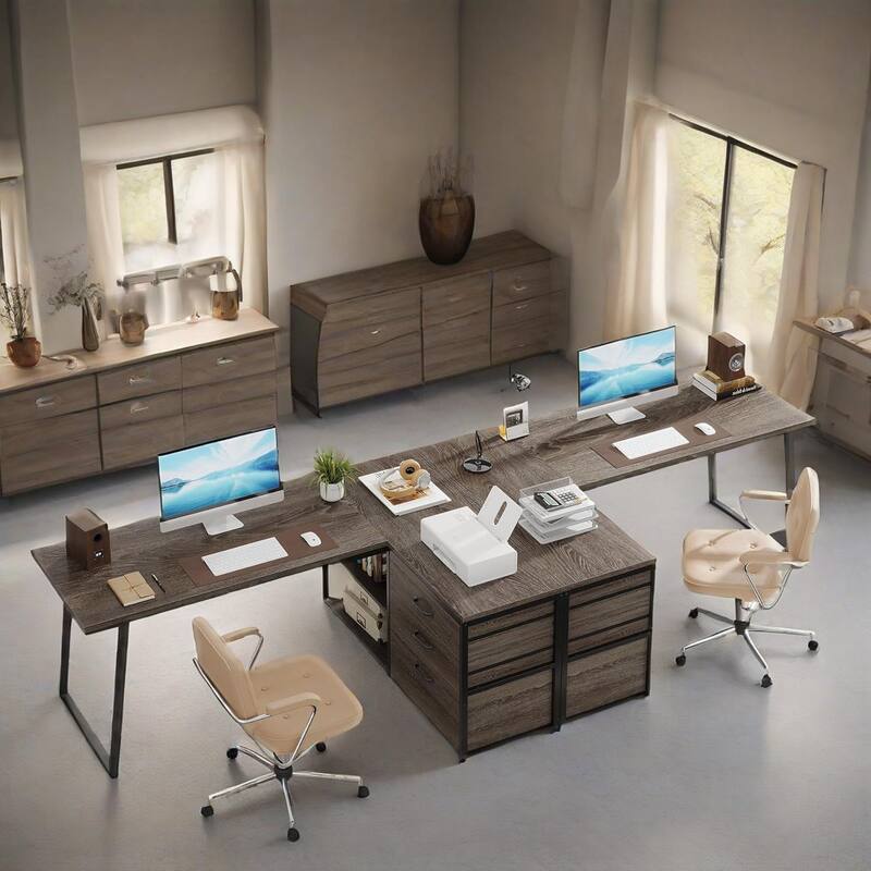 Reversible L Shaped Computer Desk with Drawers and Storage Shelves Gray Wood Finish Sturdy Home Office Workstation