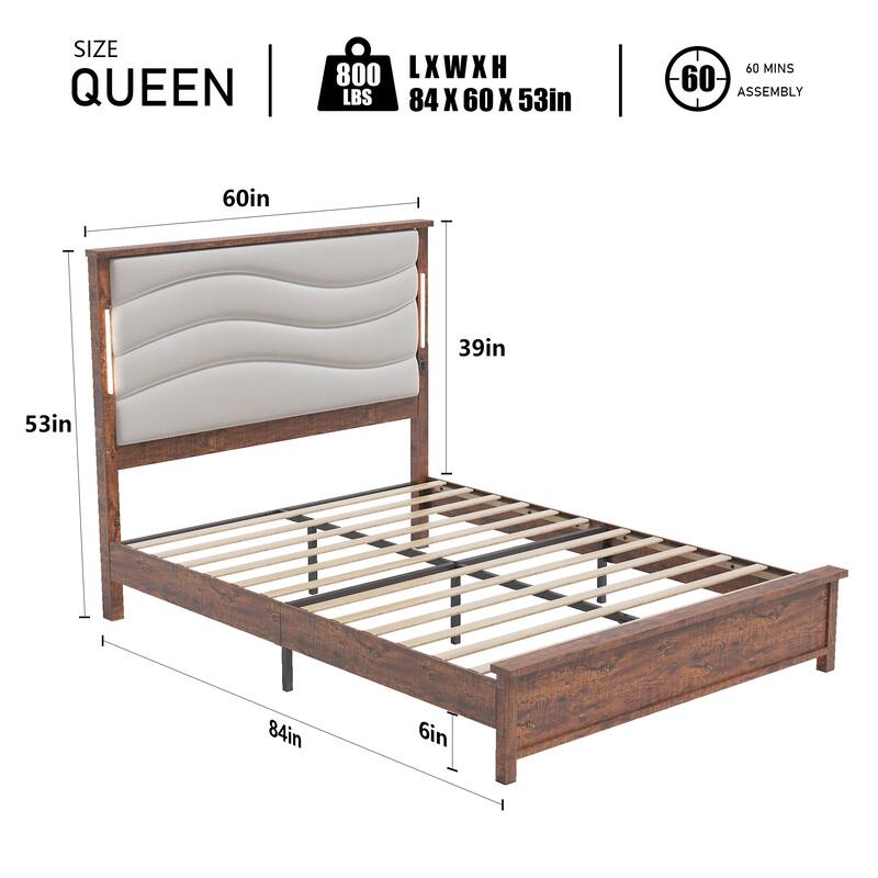 Queen Size Bed Frame with Upholstered Headboard, Charging Station, LED Lights, Wood Slats, No Box Spring Needed, Easy Assembly