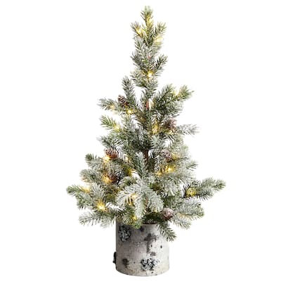 24" Flocked Christmas Tree in Decorative Birch Bark Planter - 24
