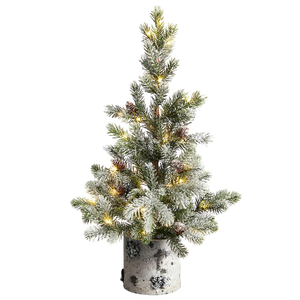 24" Flocked Christmas Tree in Decorative Birch Bark Planter - 24