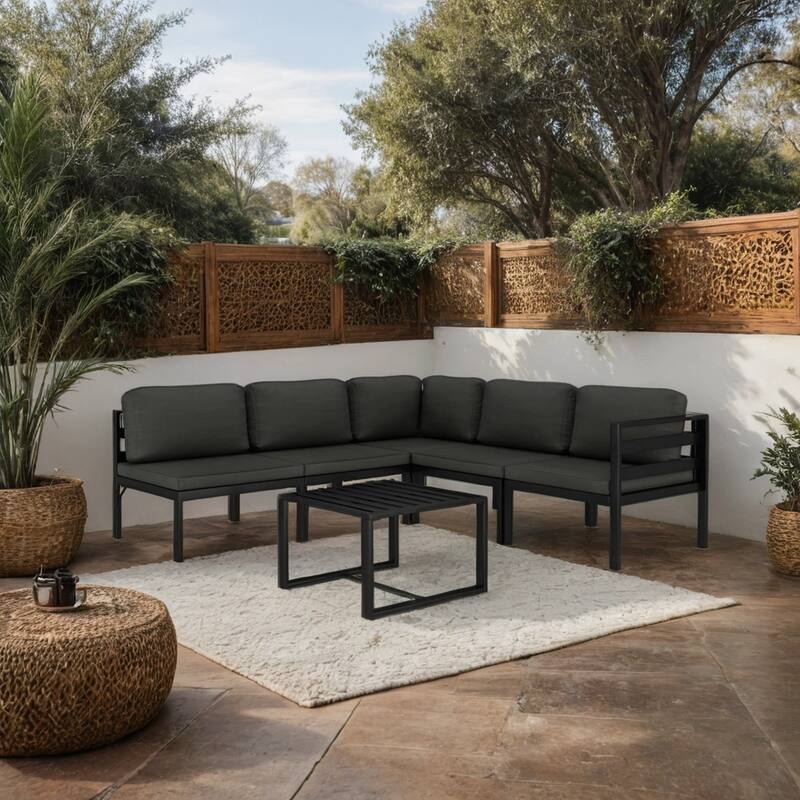 Shina 6pc Outdoor Modular Sofa Set, Black Aluminum Frame, Polyester