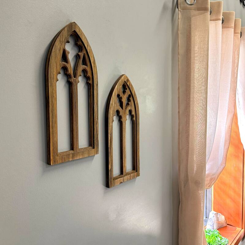 Washed Wood Gothic Arch Window Frame Wall Decor 2 Piece Set