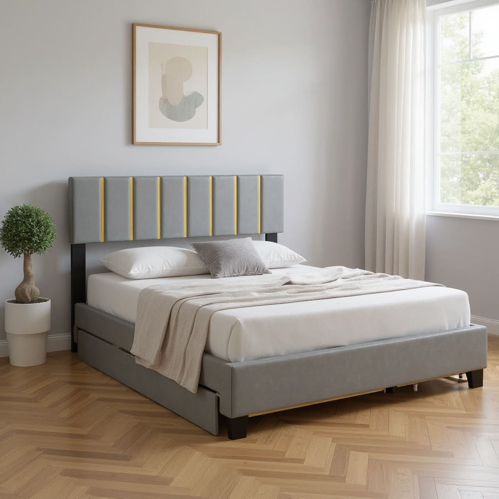 HomeRoots Gray Tufted Velvet Upholstered Queen Bed Frame With Trundle And Drawers