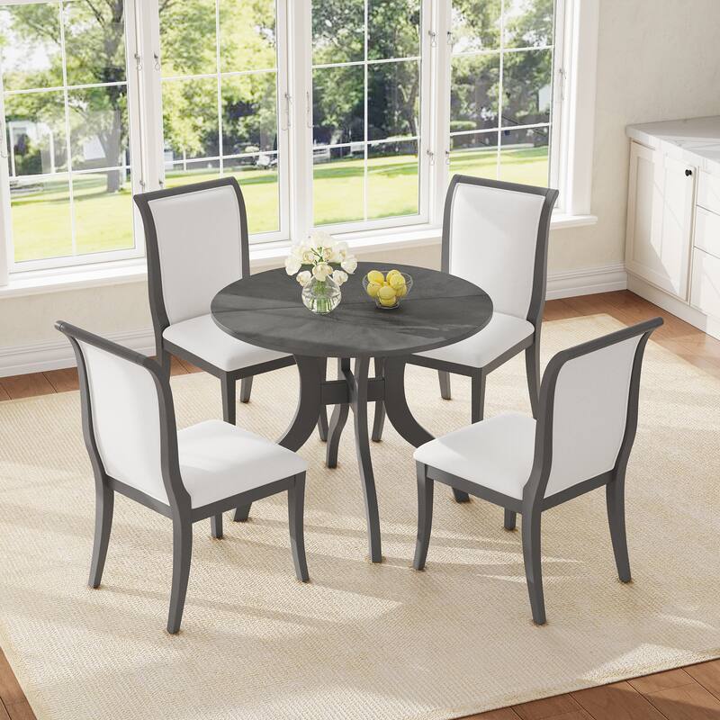 3 Piece Traditional Dining Room Table Set, 39.4" Round Table with 2 Chairs, Solid Wood Kitchen Table Set with Curved Legs