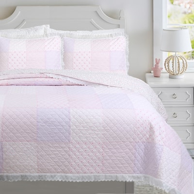 Cozy Line Precious Pink Floral Dot Ruffle Plaid Patchwork Cotton Reversible Quilt Bedding Set
