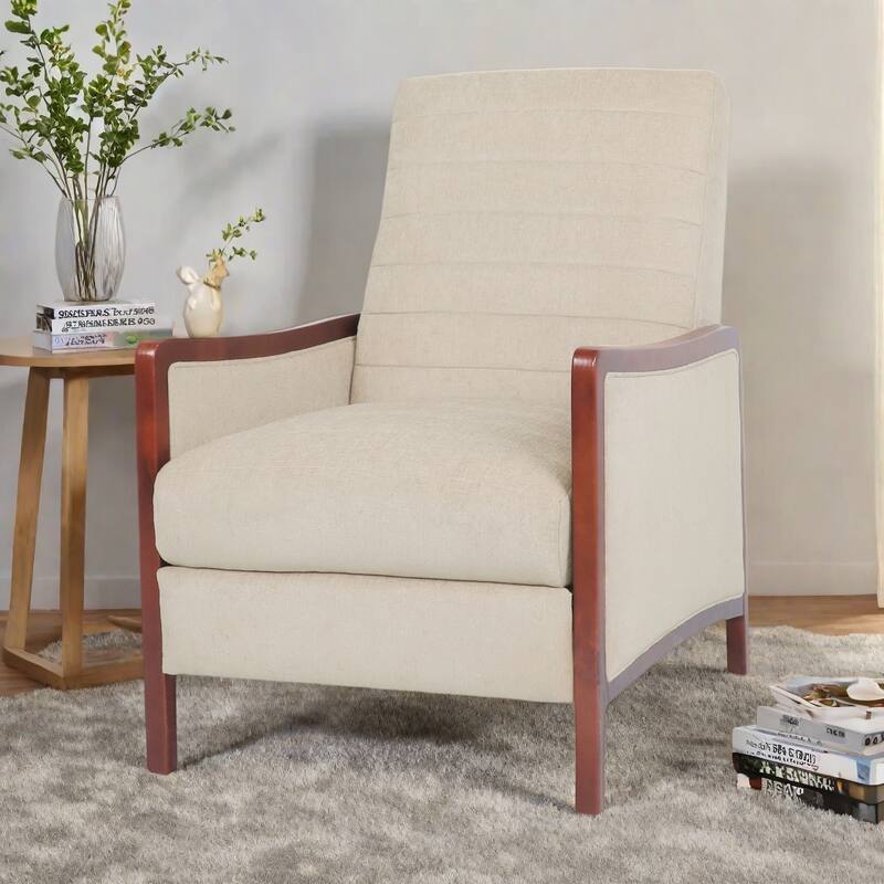 Mid-Century Modern Pushback Recliner with Channel Stitching and Birch Wood Frame - Sand