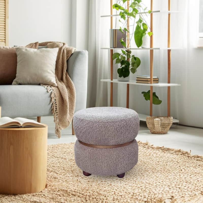 Aria Home Double Pouf Ottoman Stool in Beige with Walnut Trim Accent