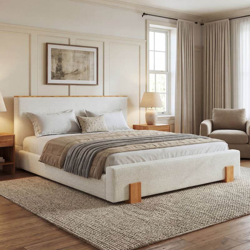 Christopher Knight Home - Verdes Modern Soft Boucle Upholstered Platform Bed with Solid Wood Legs, Trim & Padded Headboard