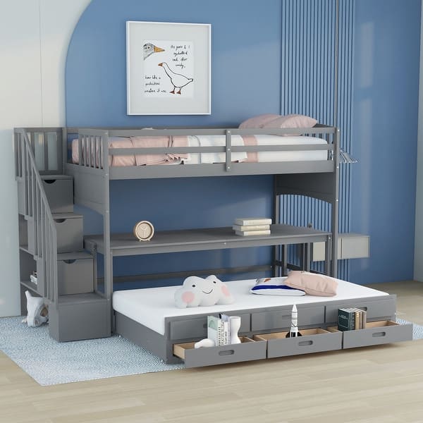 slide 2 of 18, Twin XL Stairway Loft Bed with Twin Size Trundle, Desk and 3 Drawers, Storage Grey
