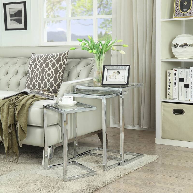 Carolina Living Addison Nesting Table Set - Glass Top - Chrome Base - Clear, Chrome