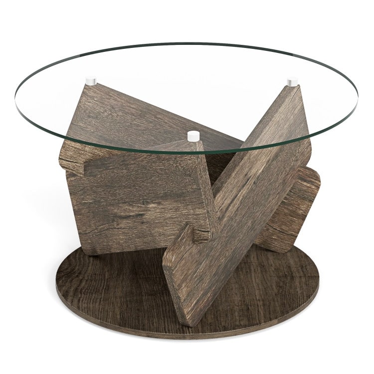 Grey Rubberwood MDF Glass Round Coffee Table with Anti-Slip Base and Modern Design - 32" x 19"