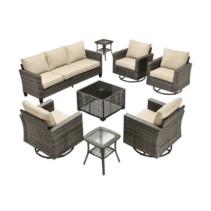 OVIOS 8 Pieces Outdoor Swivel Chair Set with Solar-Powered Table