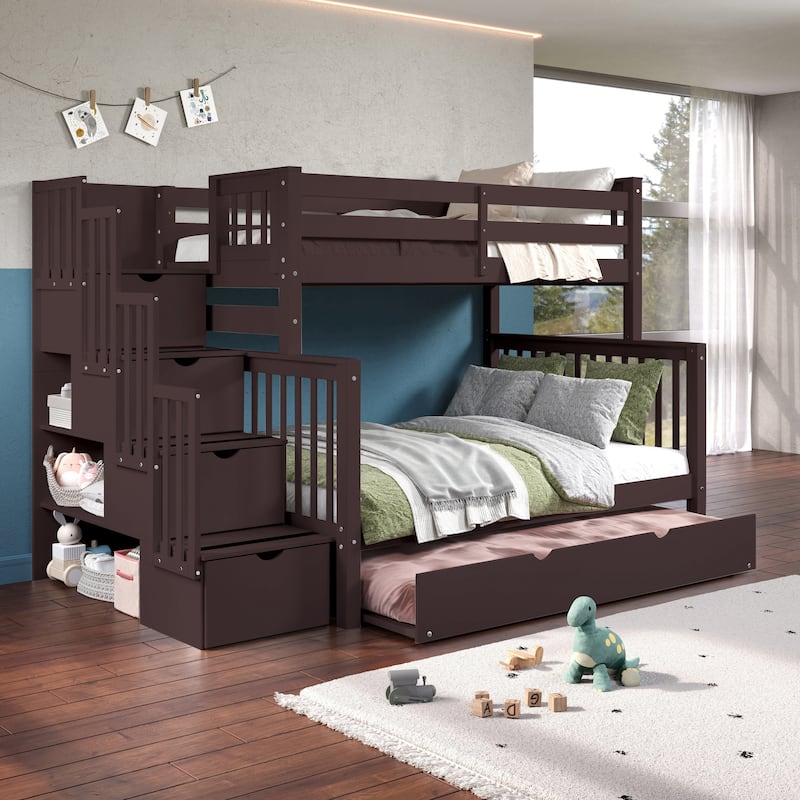Taylor & Olive Trillium Twin over Full Stairway Bunk Bed, Full Trundle - Dark Cherry