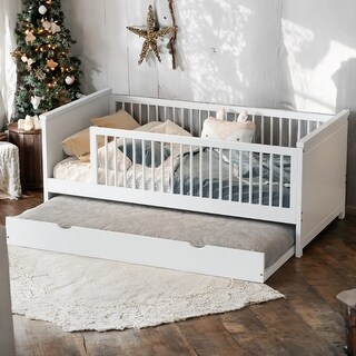 Kids Wood Semi-enclosed fence Platform Bed with Guardrail and Trundle