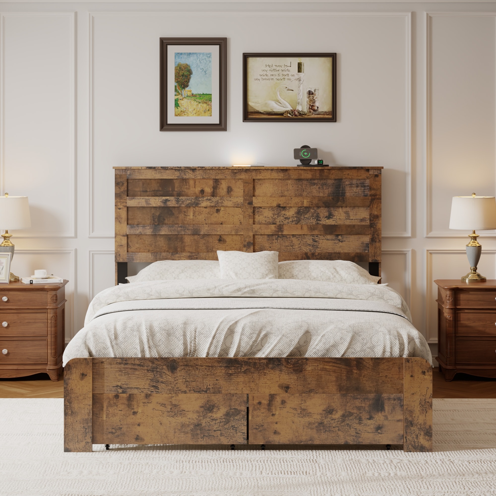 Full-size Platform Bed Frame with LED Lighting Headboard, Built-in USB & Type-C Charging Station, Under-Bed Storage Drawers