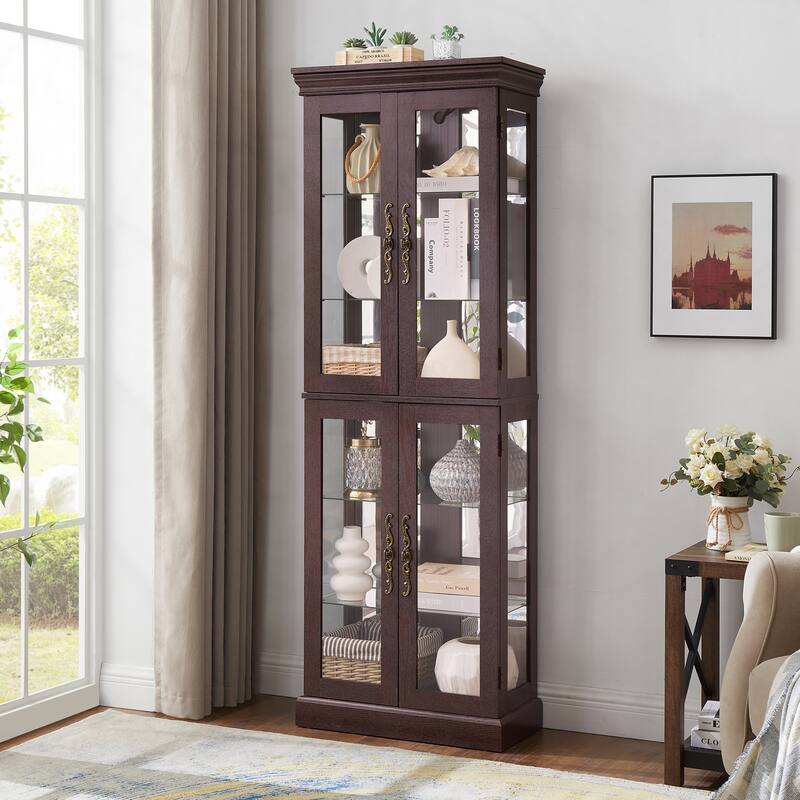 Lighted Glass Curio Display Cabinet,Cherry
