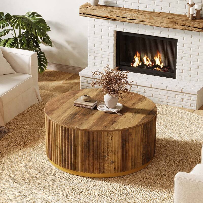 Round Coffee Table with Sturdy Base, 31.5" Fluted Wooden Center Table