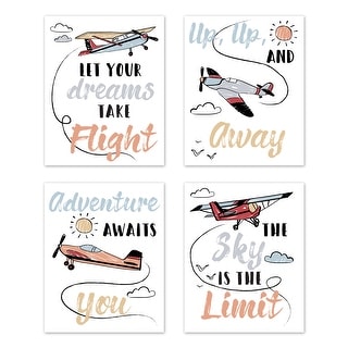 Vintage Airplane Wall Decor Art Prints (Set of 4) - Grey Yellow Orange Red White Blue Airplanes Air Plane Transportation Clouds