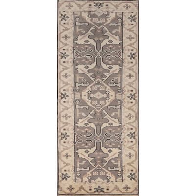 Gray Oushak Indian Runner Rug Handmade Transitional Floral Wool Carpet - 2'8" x 7'11"