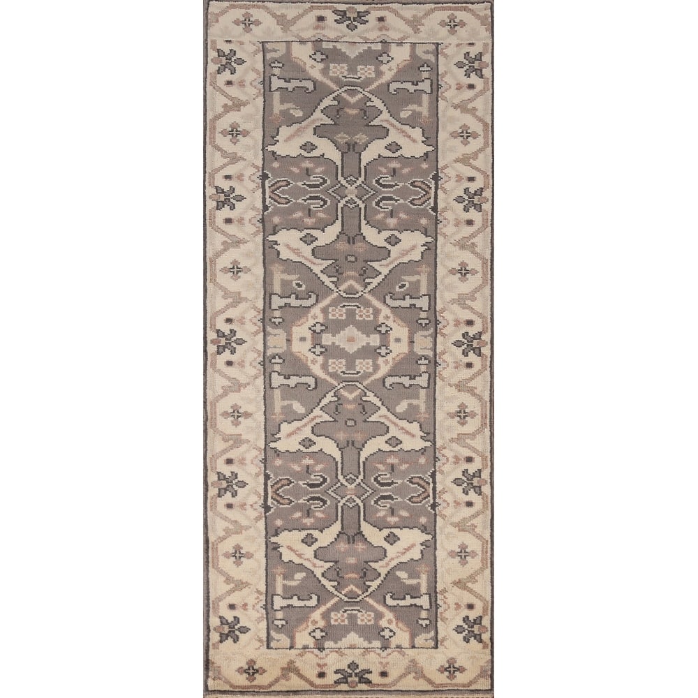 Gray Oushak Indian Runner Rug Handmade Transitional Floral Wool Carpet - 2'8" x 7'11"