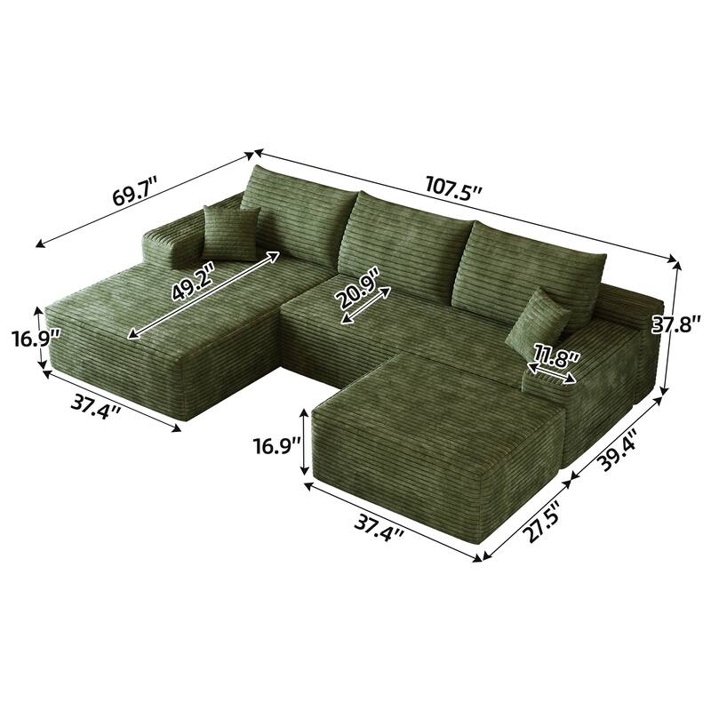 U-Shape Modular Sectional Sofa with Chaise & Ottoman, Corduroy Boneless Cloud Sofa, Corner Upholstered Sleeper Sofa