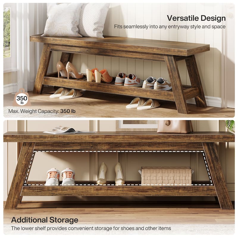 2-Tier Entryway Shoe Bench with Storage, 55-Inch Wood Storage Bench for Living Room, Bedrooms - 55.12" W x 13.78" D x 17.72" H