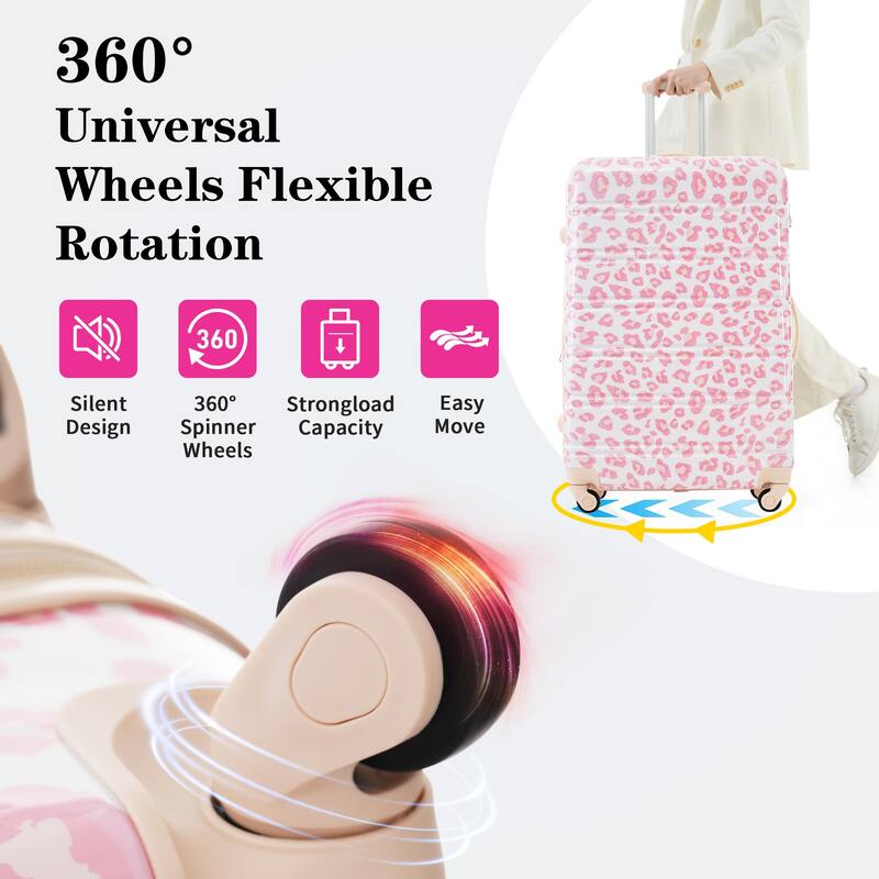 Hardshell Luggage Sets 3 pcs Spinner Suitcase with TSA Lock Lightweight-20"+24"+28" Luggages - Pink Leopard