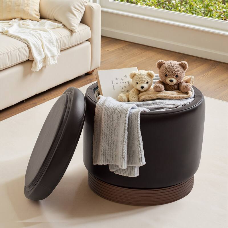 Round Swivel Storage Ottoman Footstool with Flip-top and Acacia Frame