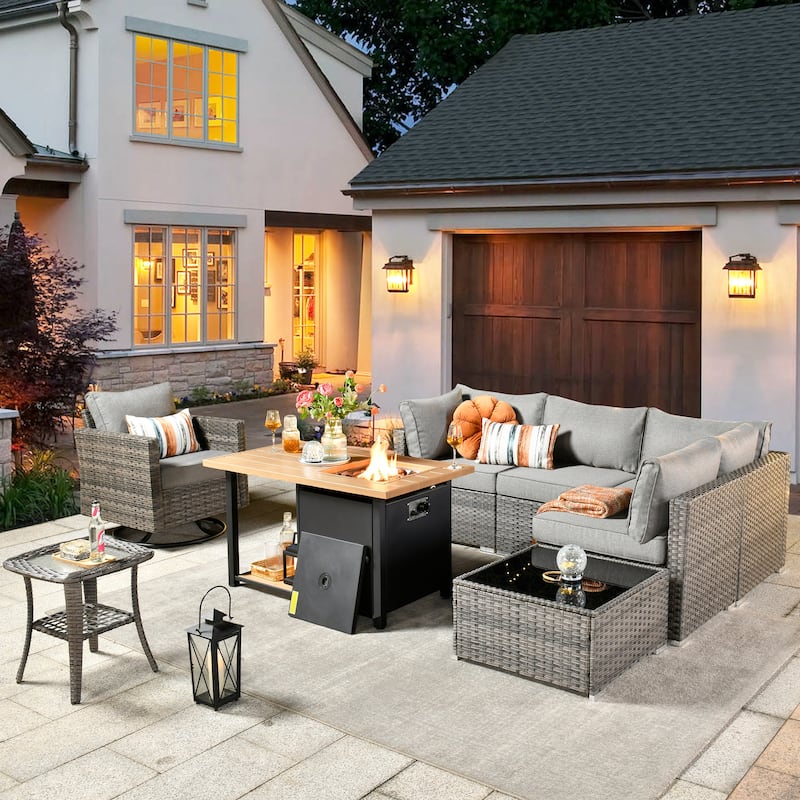 XIZZI 8-piece Outdoor Patio Furniture Sectional Set with Fire Pit Table - Dark Grey