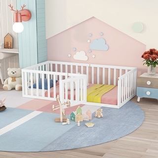 Twin Floor Bed Frame, Fun Fence Design with Openable Door, No Slats