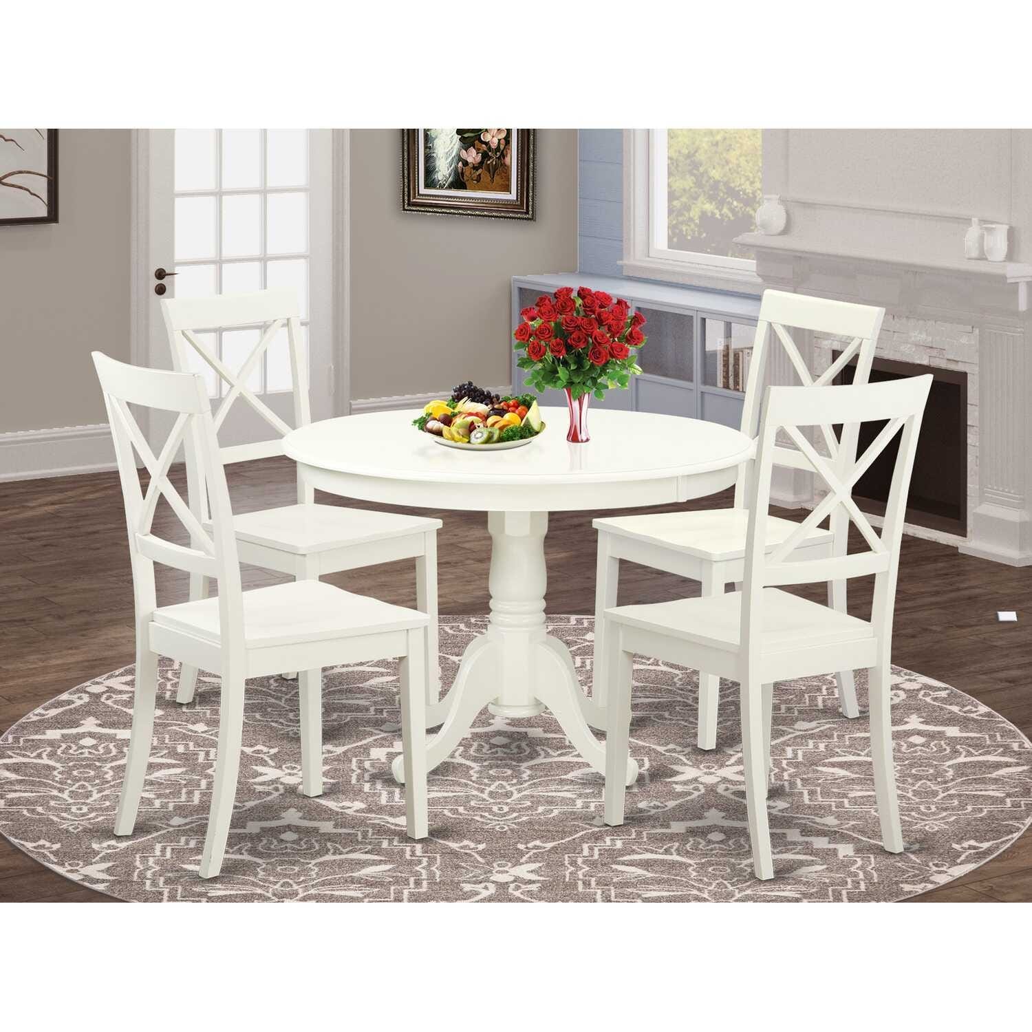 HomeStock 5-Pc Linen White Finish Solid Wood Top Dining table with 4 Chairs