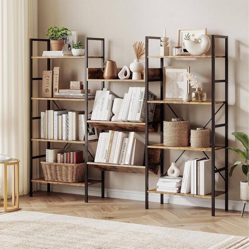 Industrial Triple Wide 4-Tier Bookcase with 11 Open Shelves, Metal Frame Display Shelf for Living Room, Bedroom, or Home Office - Brown