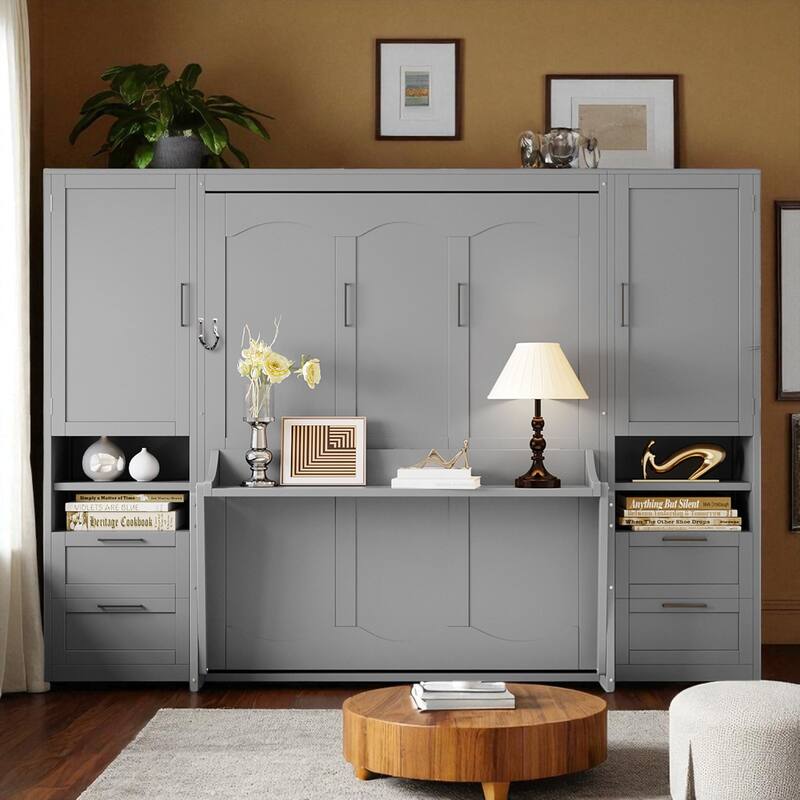 Queen Size Murphy Wall Bed with Closet, Storage Drawers and Shelves, Foldable Cabinet Bed Frame - Grey - Queen