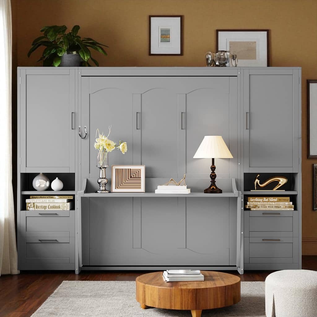 Queen Size Murphy Wall Bed with Closet, Storage Drawers and Shelves, Foldable Cabinet Bed Frame