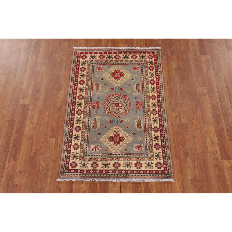Gray Geometric Kazak Accent Rug Hand-Knotted Wool Carpet - 2'8" x 4'1"