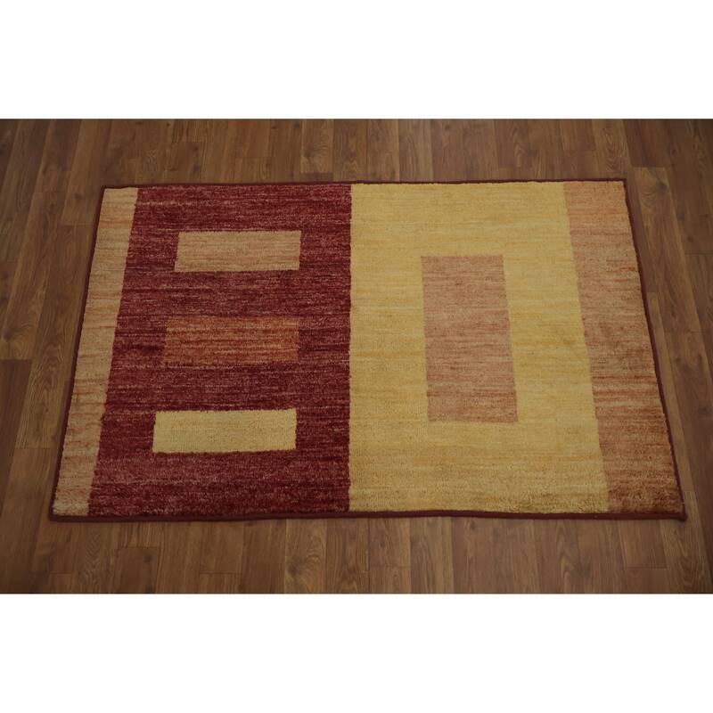 Hand Knotted Oriental 100% Wool Carpet Modern Geometric Multi-Colored Gabbeh Area Rug - 4' 3'' X 2' 8''