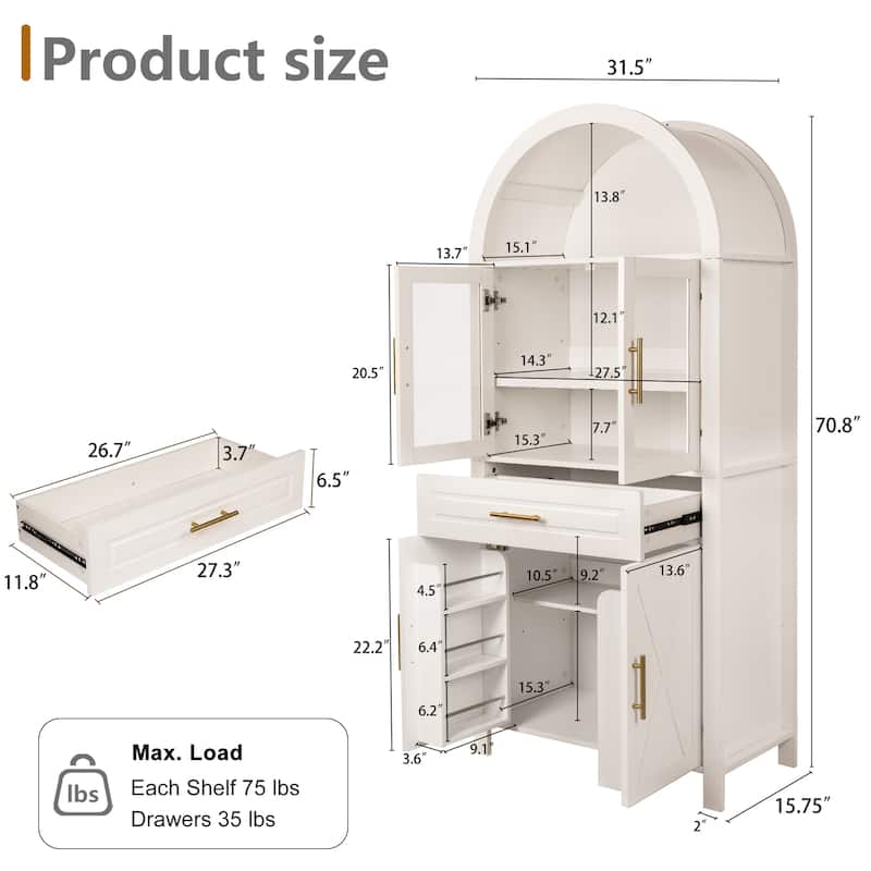 71" Tall Arched Kitchen Pantry Cabinet with Glass Door, Farmhouse Storage Pantry Cabinet with Adjustable Shelves