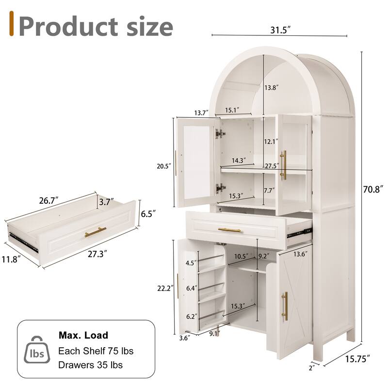 Roomfitters 71" Tall Arched Farmhouse Pantry Cabinet with Glass Barn Doors & Pull-Out Drawer