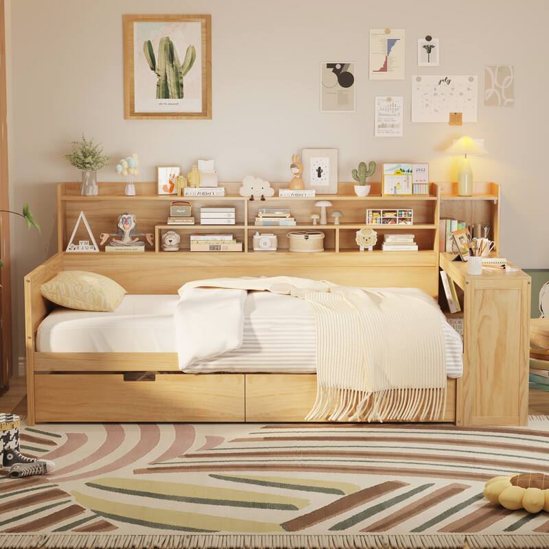 Wooden Twin Size Daybed with Storage Shelves - Natural