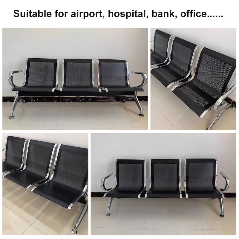 Kinbor 3-Seat Airport Reception Waiting Chair Bank Salon Barbershop Bench Guest Chair