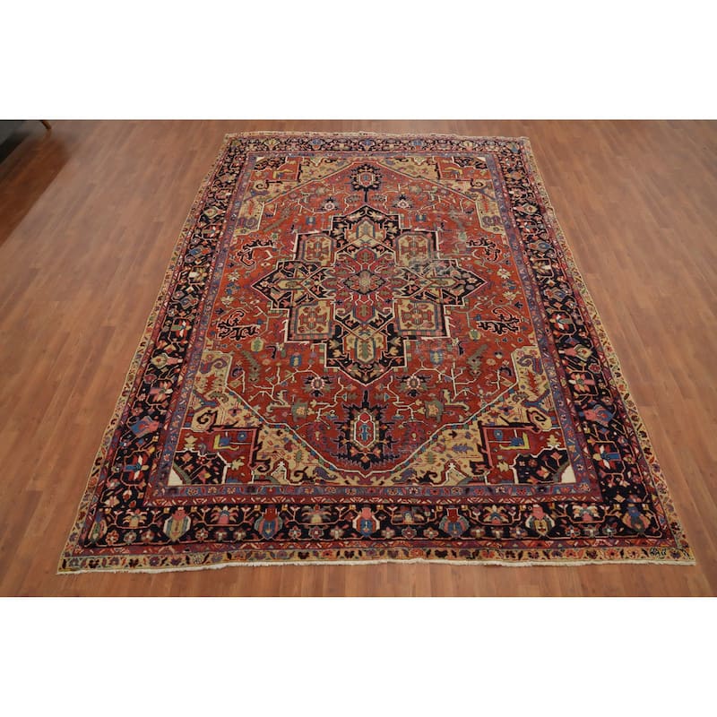 Hand Knotted Oriental 100% Wool Carpet Traditional Medallion Oranges & Rust Heriz (serapi) Area Rug - 11' 6'' X 8' 5''